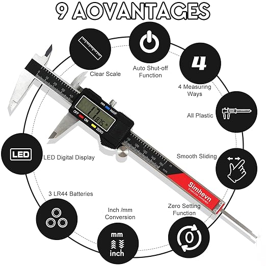 Digital Caliper Measuring Tool,with Large LCD Screen, Easy Switch Inch/MM/Fraction,6inch/150mm Stainlee Steel Caliper and 8inch/200mm Stainlee Steel Ruler for DIY/Household