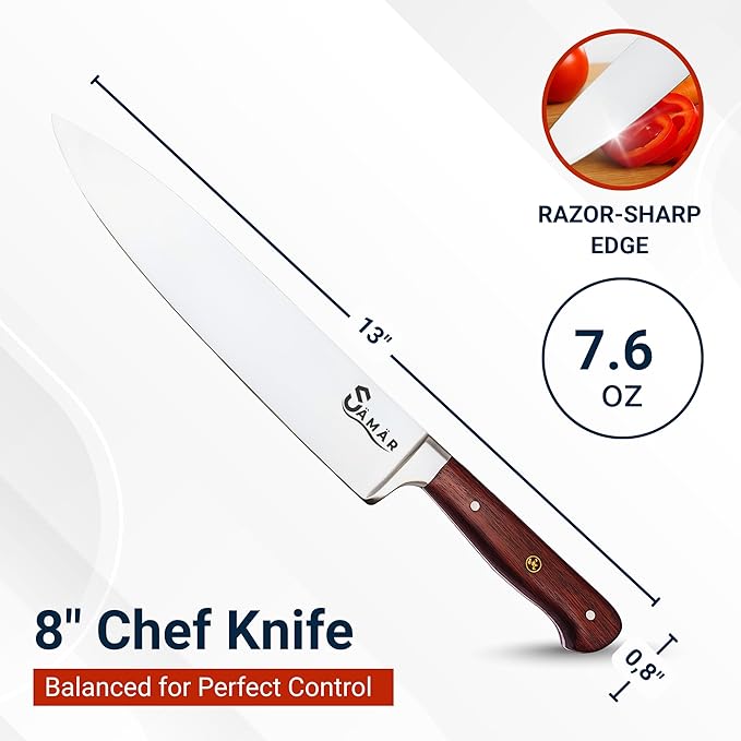 Chef Knife 8 Inch – Professional Stainless Steel Chef’s Knife with African Wood Wenge Handle & Mosaic Pin – Cuchillo de Cocina Profesional – Sharp Kitchen tool for Meat & Vegetables