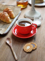 Sweese 8 Ounce Porcelain Stackable Cappuccino Cups with Saucers and Metal Stand - for Specialty Coffee Drinks, Cappuccino, Latte, Americano and Tea - Set of 4, Red