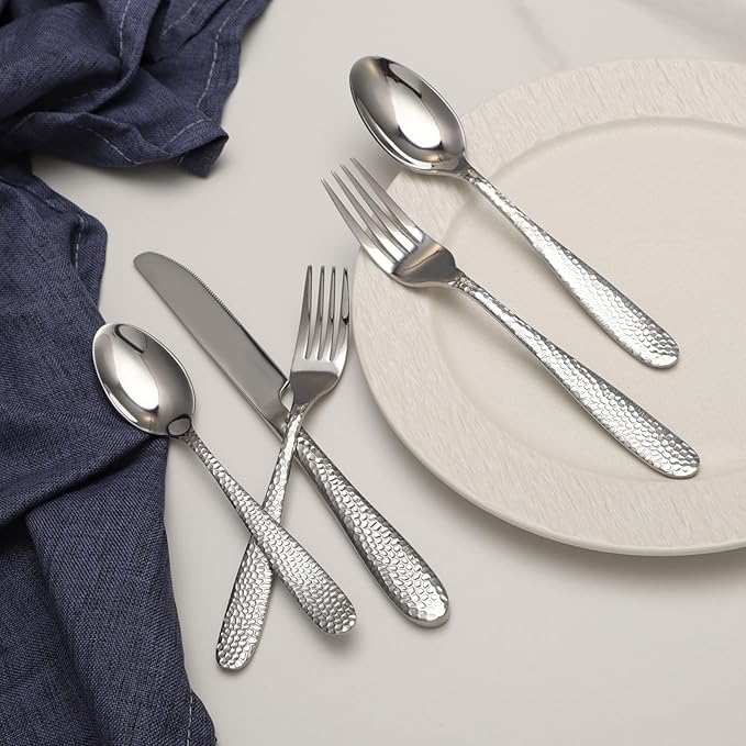 Hammered Silverware Set, 20 Piece Stainless Steel Heavy Duty Flatware Set for 4, Food-Grade Tableware Cutlery Set for Home Restaurant, Mirror Polished, Dishwasher Safe