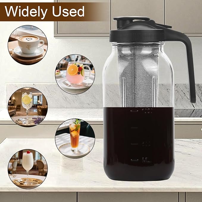 Cold Brew Coffee Maker Pitcher, 64oz Iced Coffee Tea Pitcher for Fridge with Stainless Steel Filter, 1/2 Gallon Glass Mason Jar Cold Brew Maker with Pour Spout Lid, Drying Mat, 2 Brushes, Leak-Proof