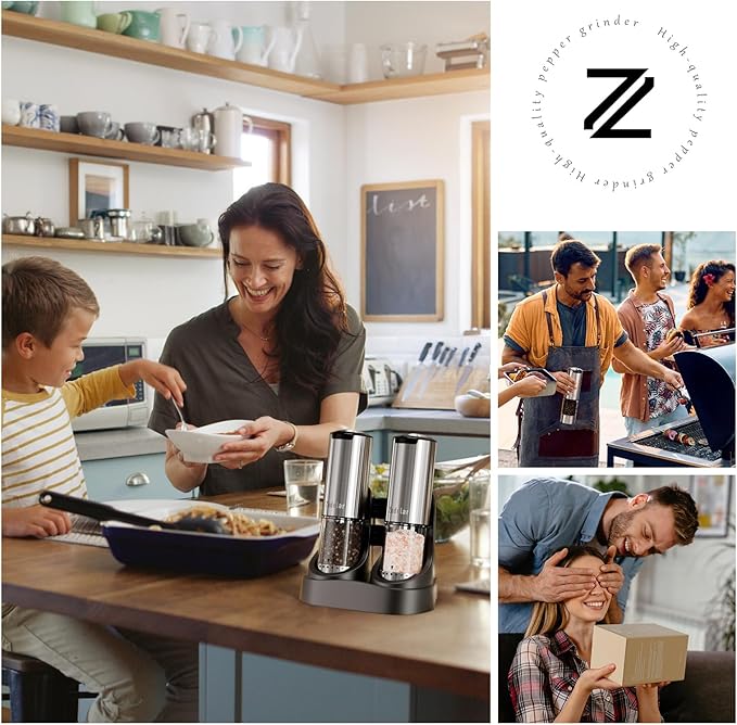 Electric Rechargeable Salt and Pepper Grinder Set,Automatic Pepper Mill Grinder with USB C Charging Dock,Upgraded 95ml Large Capacity,Adjustable Coarseness,LED Light,Stainless Steel