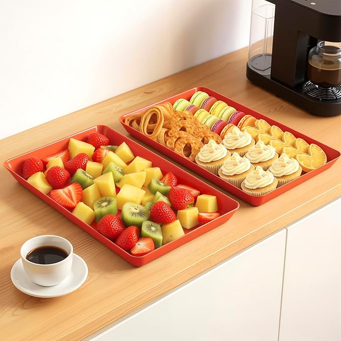 WOWBOX 6 pcs Serving Tray for Entertaining, Serving Platters for Snacks, Fruit, Cookies, Dessert, Reusable Plastic Trays for Serving Food and Pantry Organization in Kitchen & for Parties, (Red)