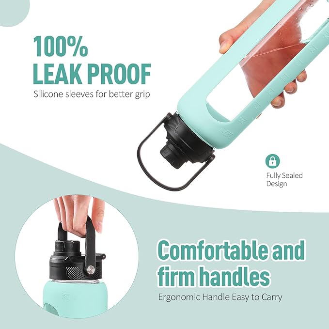 Kodrine Water Bottle with Straw, 24 oz Glass water Bottle with 2 Lids Bamboo Straw Lid and Spout Lid with Handle, 32 oz Clear Water Bottle Glass for Sports Travel, Waterbottle with Time Marker