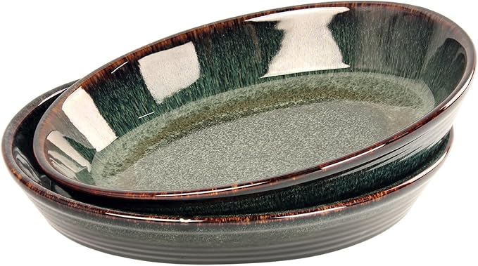 Oval 9.5 x 7 Inch Ceramic Pie Pan Quiche Baking Dish Set of 2, 22 Ounces Non-Stick Pie Dish Quiche Pan, Tart, Pot Pies, Dessert, Pie Plate for Apple, Oven, Dishwasher and Microwave Safe