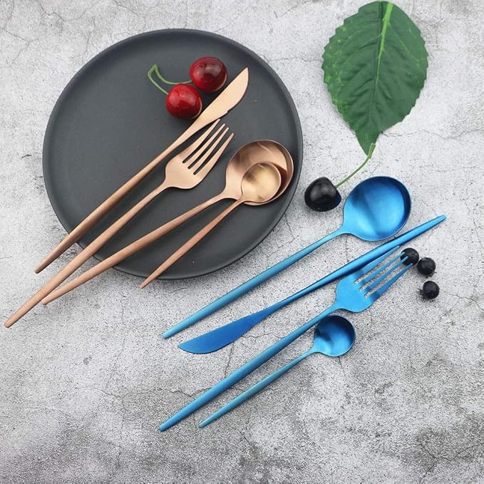 JASHII Silverware Set, 24-Piece Stainless Steel Flatware, Kitchen Utensil Set for 6, Tableware Cutlery - Matte Blue, Dishwasher Safe