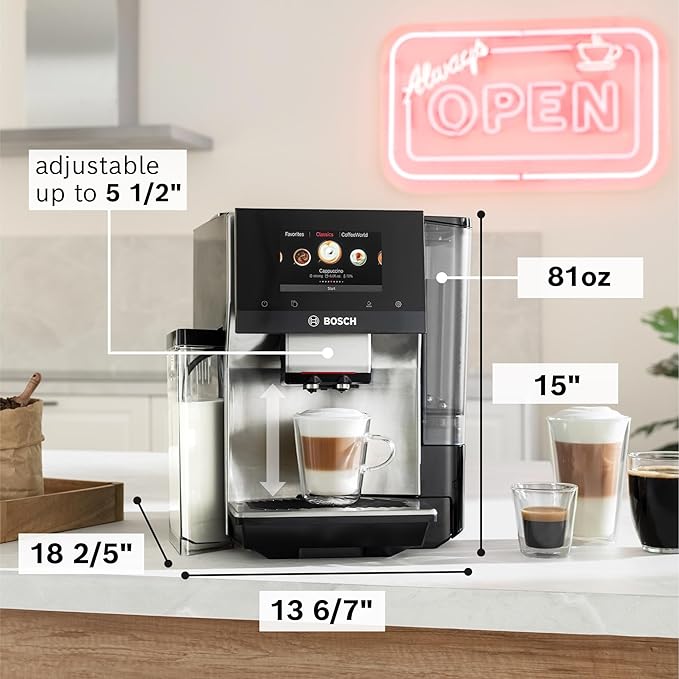 Bosch 800 Series Fully Automatic Espresso and Coffee Machine – 36 Drinks with Coffee World, Cold Brew, Double Cup, Integrated Milk Container, Smart Features, in Silver TQU60307