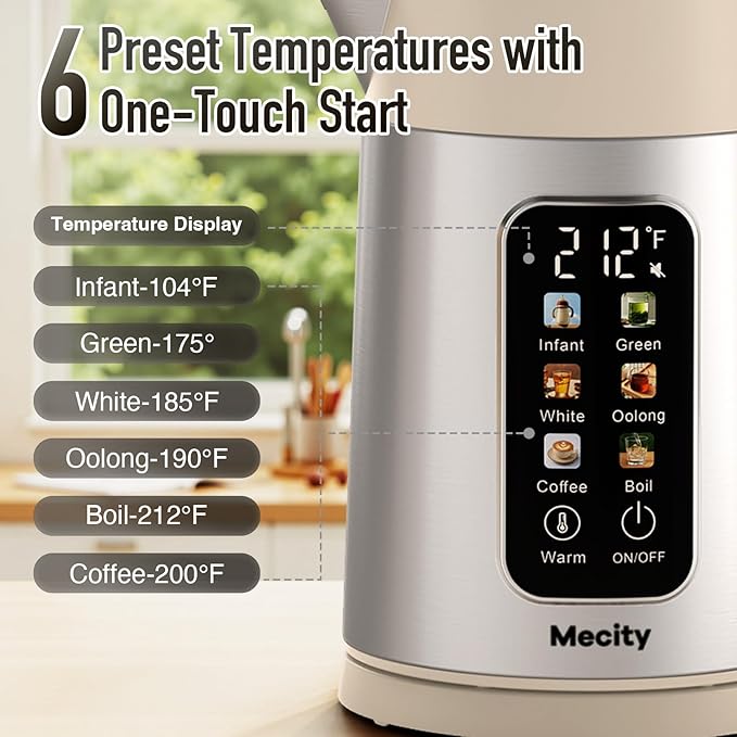 Mecity Electric Kettle 1.7L Touch Screen Temperature Control Water Boiler, No Plastic Contact with Water. 6 Preset Temperature Programs, 2 Hours Keep Warm, Stainless Steel