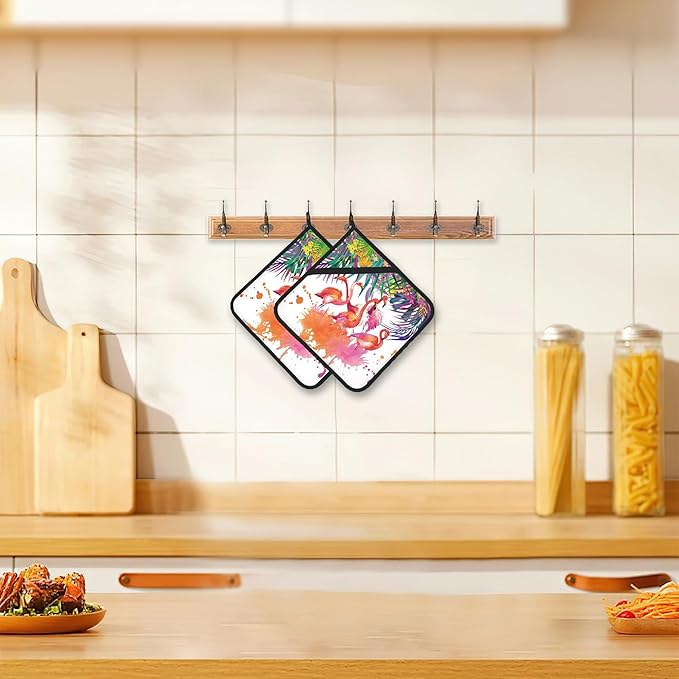 Tropical Palm Pot Holder Set of 2,Flamingo Watercolor Kitchen Heat Resistant Potholder for Women Men BBQ Cooking Baking