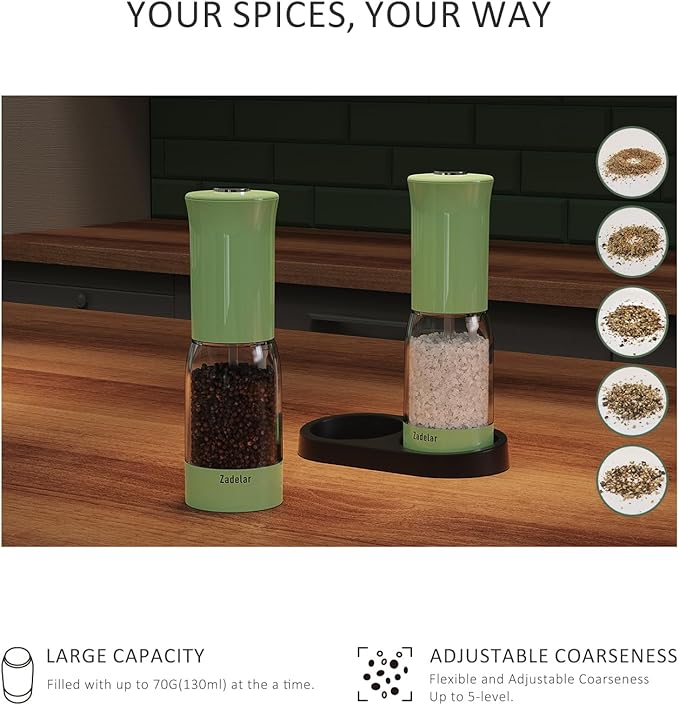 Electric Salt and Pepper Grinder Set with LED Power Display,Larger Capacity Salt and Pepper Shakers Set Rechargeable Electric with Flexible Coarsenes,LED Light,One Hand Operation for Kitchen(Green)