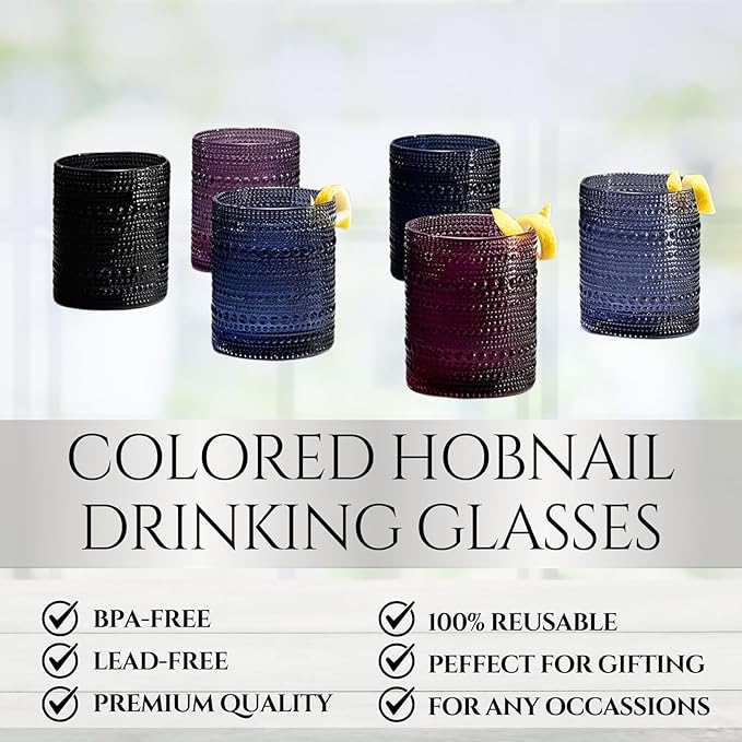 Hobnail Beaded Highball Drinking Tumbler Glasses | Set of 6 | Color, Vintage Bubble Design Whiskey Glassware, Old-Fashioned, Embossed Design for Water, Wine, Cocktail Embossed Heavy Glas, Rocks Glass