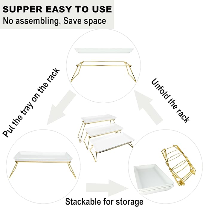 Extra Large 3 Tier Serving Tray Set, 24x22x9.7 inch Cupcake Fruit Cookie Dessert Table Display Stands Melamine Tiered Platters Food Trays for Party Buffet Entertaining, Gold
