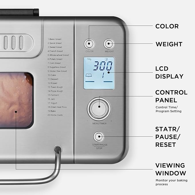 Neretva Bread Maker, 20-IN-1 2LB Bread Machine Dual Heater Bread Maker Machine Automatic with Nonstick Ceramic Pan, 15H Timer & 1H Keep Warm Set, Low Noise, Stainless Steel Breadmaker Recipe-Silver