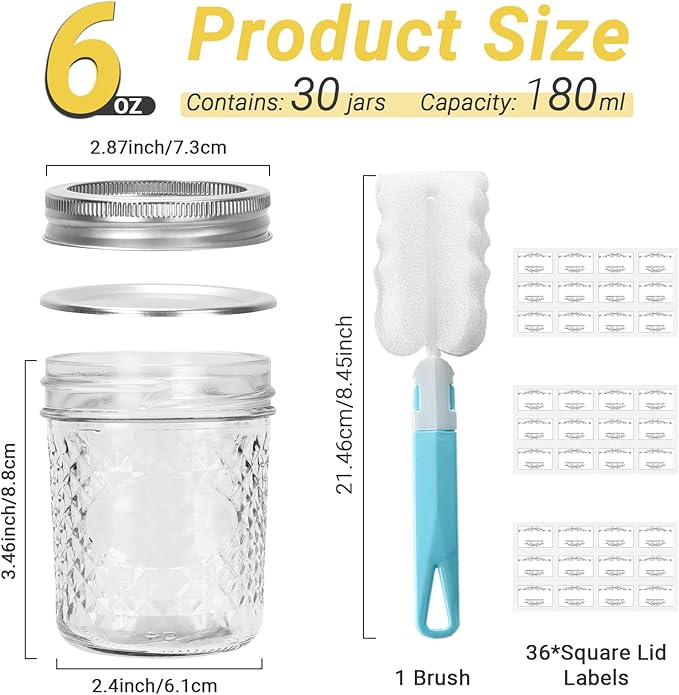 6 oz Glass Mason Jars, 30 Pack Regular Mouth Glass Canning Jars with Silver Aluminum Lids and Bands, Airtight Jam Jars for Food Storage, Pickling, Fermenting, Honey, Jelly, DIY Candles Decor