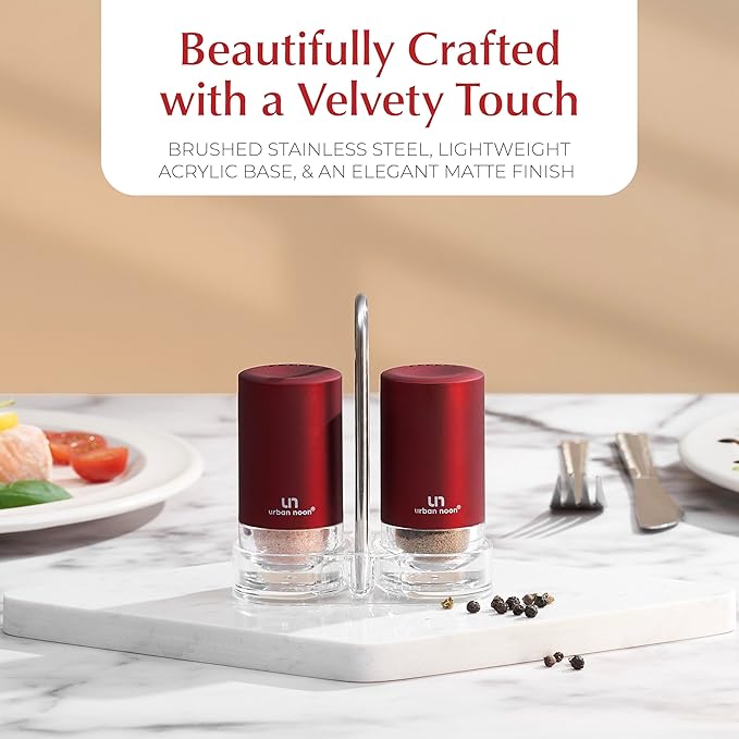 Signature Red Burgundy Salt and Pepper Shakers with Holder - Elegant Stainless Steel Salt Shaker and Pepper Shaker Set with Acrylic Holder for Kitchen Counter or Restaurant Table (2-Piece Set)