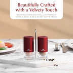 Signature Red Burgundy Salt and Pepper Shakers with Holder - Elegant Stainless Steel Salt Shaker and Pepper Shaker Set with Acrylic Holder for Kitchen Counter or Restaurant Table (2-Piece Set)