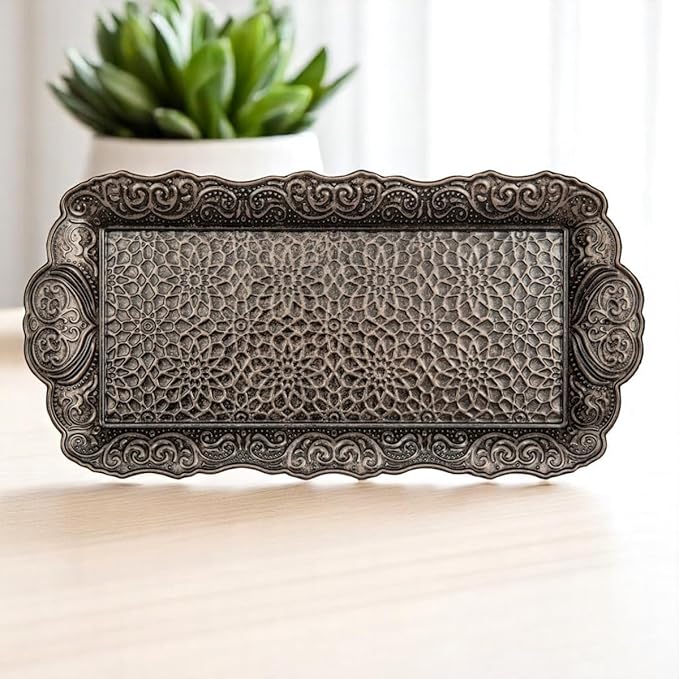 Alisveristime Small Ornate Metal Serving Tray – Ottoman Motif Decorative Tray (14.2" x 7.1", 10.8 oz) (Black)