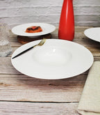 Ceramic Wide Rimmed Soup Plate, Soup Bowl 8 oz, Pasta Bowl Set of 4, White Shallow Bowl Plate with Rim, Best choice for high-end restaurants, hotels, and foodies, 9.6 Inch Coil relief