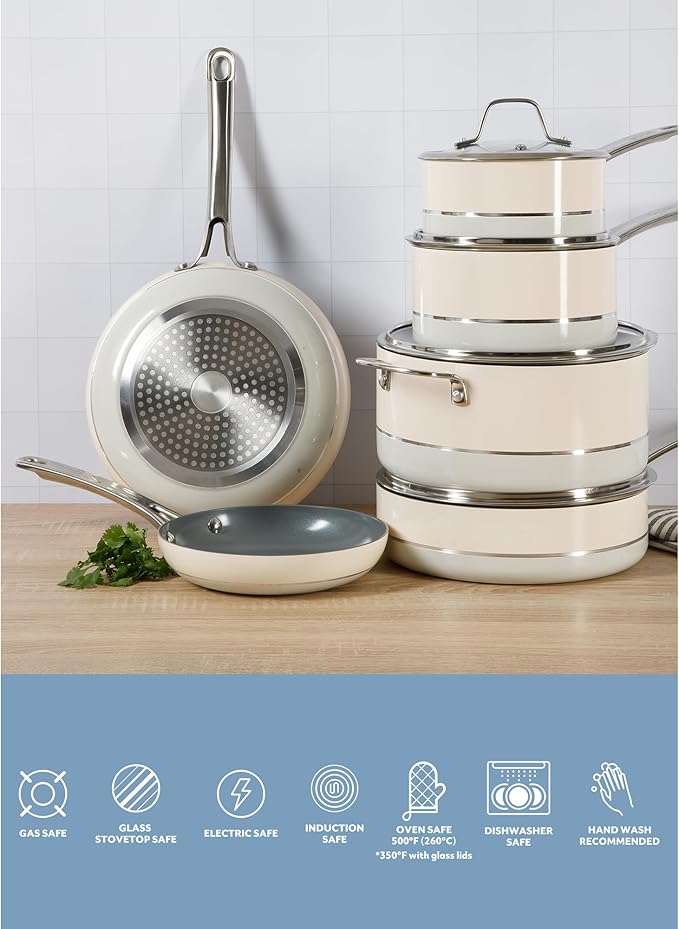 Sur La Table Kitchen Essentials Viva La Cantina 10 Piece PFA Free Titanium Ceramic Nonstick Interior Forged Aluminum Cookware Pots and Pans Set - 2 Tone White & Silver - Induction Compatible