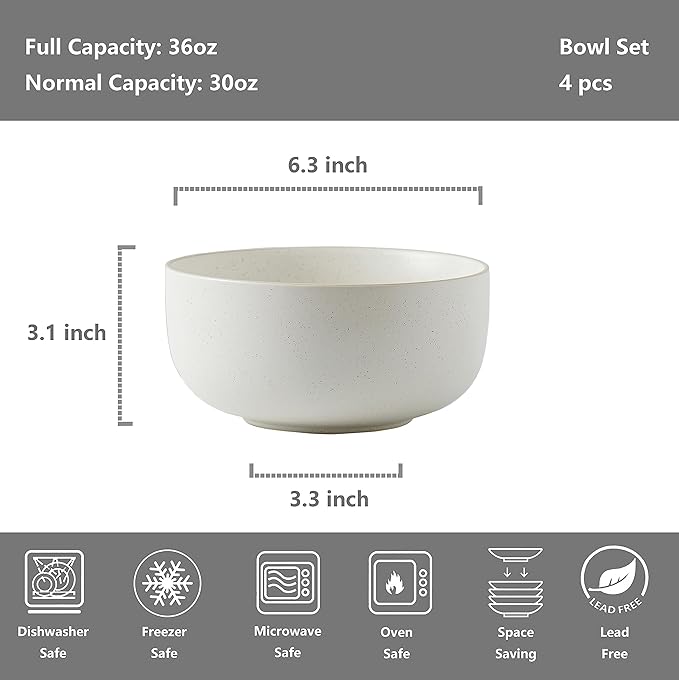 S&Q'S CERAMICS S&Q Ceramic Bowls for Kitchen, 36 Ounce, Large Capacity Cereal Bowls Set of 4, For Soup, Oatmeal, Breakfast, Microwave and Dishwasher Safe, Glazed Matte Off White…