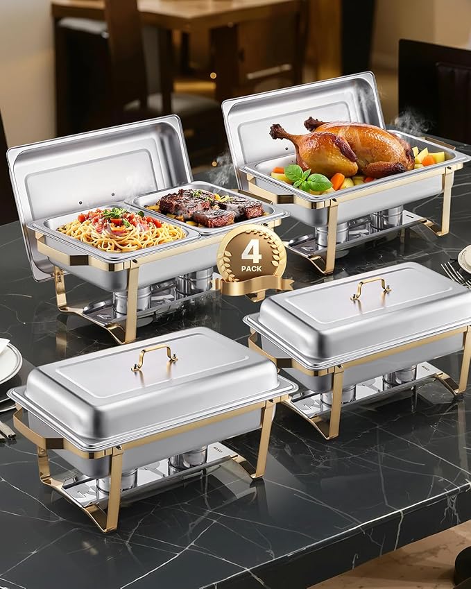 VEVOR Chafing Dish Buffet Set, 8 Qt 4 Pack, Stainless Steel Chafer with 2 Full Size and 4 Half Size Pans, Rectangle Catering Warmer Server with Lid Water Pan Stand, for Weddings Parties Banquets, Gold