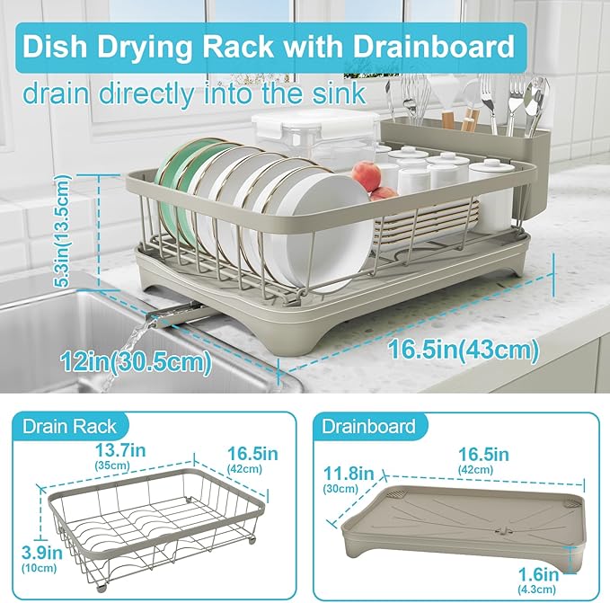 Dish Drying Rack for Kitchen Counter - Space Saving Drying Rack with Drainboard & Utensil Holders, Large Capacity Organizer for Bowls Cups, Countertop Dish Drainer Grey