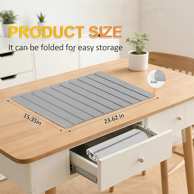 Large Diatomaceous Earth Dish Drying Mat for Kitchen Counter, 23.6"x15.3" Quick Dry Foldable Absorbent Stone Mat, Gray Countertop Mat for Dishes, Bottles & Cups