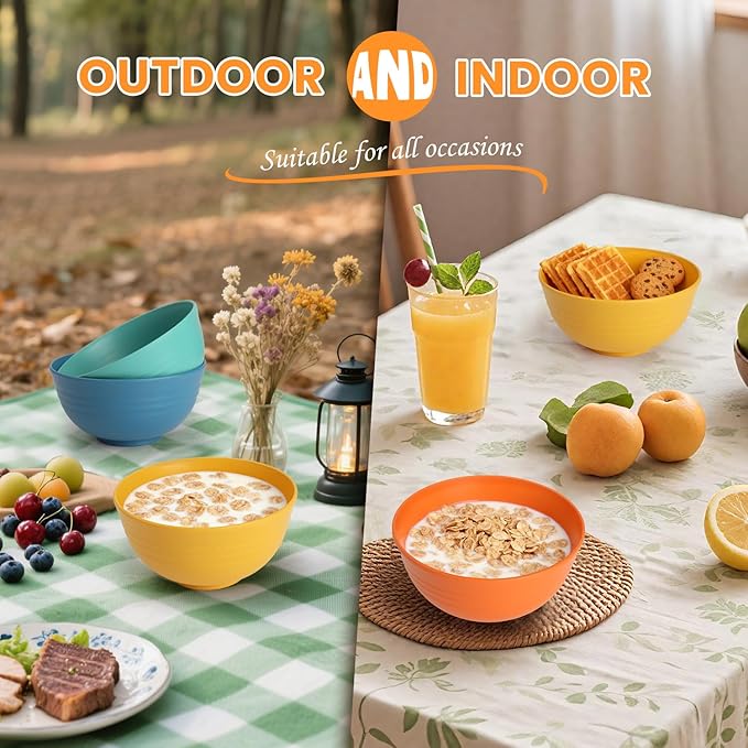 Homienly Plastic Bowls Alternative, Unbreakable Wheat Straw Cereal Bowls 8 PCS - Microwave & Dishwasher Safe Bowl for Cereal, Snack, Rice, Salad, Soup Bowls for Kitchen, Camping, Party(Muliti,26 OZ)