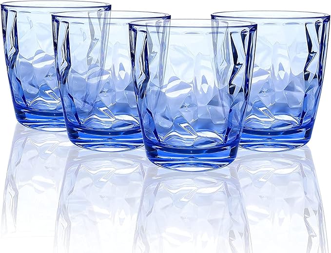 Topsky 10 oz Plastic Water Tumblers | Set of 4 Transparent Unbreakable Drinking Glasses Clear Acrylic Reusable Juice Wine Cups for Home Picnic Party, Dishwasher Safe, Stackable (Blue)