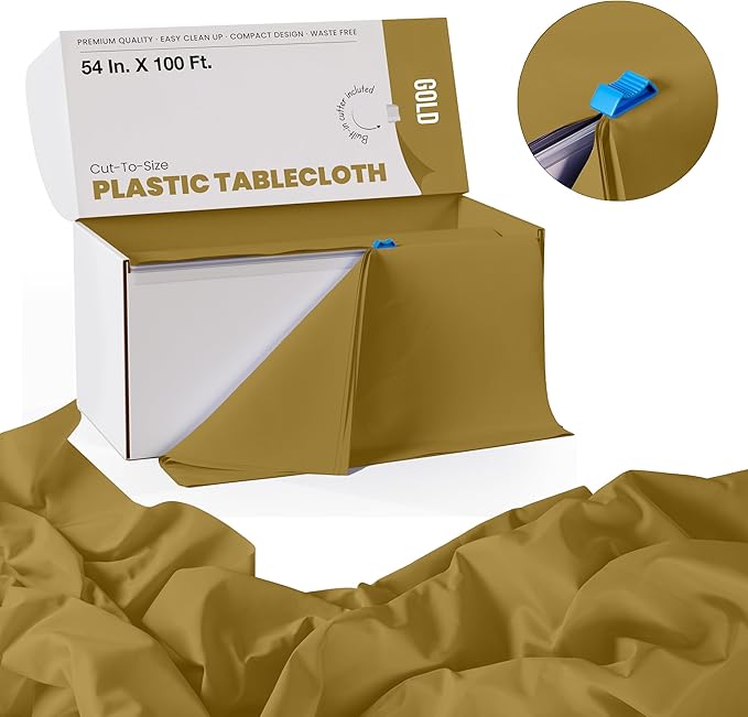 Exquisite Party Solids 54 Inch X 100 Feet Gold Plastic Table Cover Roll in A Cut - to - Size Box with Convenient Slide Cutter. Cuts Up to 12 Rectangle 8 Feet Plastic Disposable Tablecloths