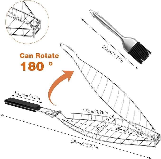 Fish Grill Basket, Large Fish Grilling Rack for Grill Fish Vegetables Shrimp, Folding Stainless Steel Grill Basket with Removable Wooden Handle & Basting Brush