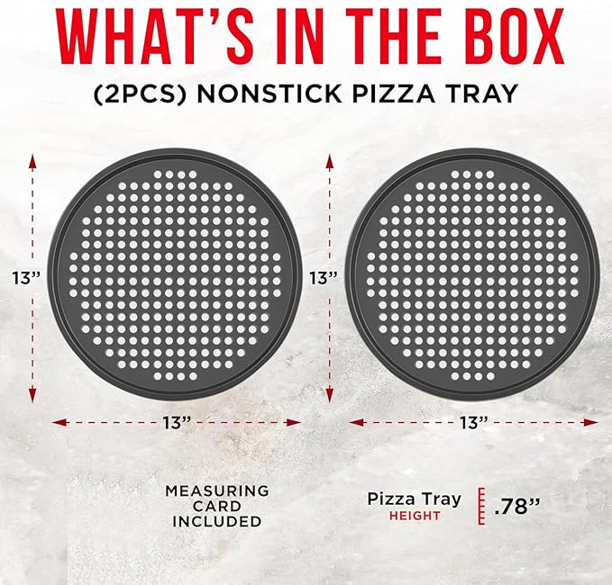Non-Stick Pizza Pan 1 Pack, 13 Inch Round Carbon Steel Pizza Tray with Perforated Holes for Crispy Crust, PFOAPFOSPTFE Free, Dishwasher & Oven Safe Up To 450°F, Durable Nonstick Gray Coating