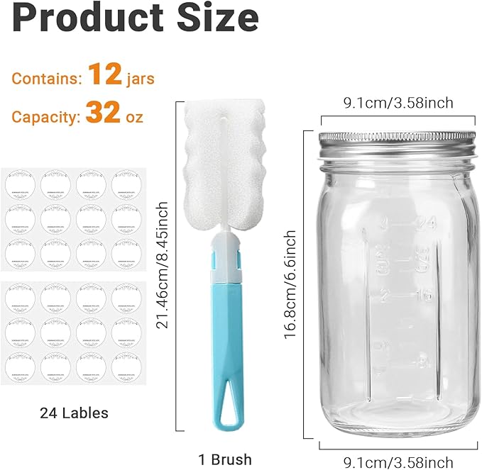 DHSBTLS 32 oz Glass Mason Jars, 12 Pack Wide Mouth Glass Canning Jars with Silver Aluminum Lids and Bands, Airtight Jars for Food Storage, Canning, Overnight Oats, Fermenting, Pickling, Decor