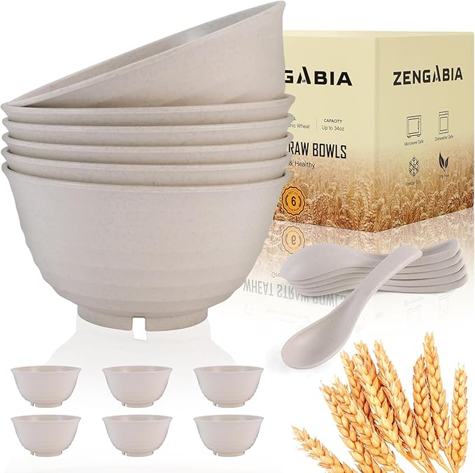 34 Oz Large Cereal Bowls, Unbreakable Wheat Straw Dinnerware Sets with Spoons, White Plastic Soup Bowls Reusable Microwave Dishwasher Safe Set of 6 for Kitchen RV Salad Ramen Ice Cream, Beige