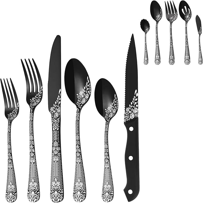 EUIRIO 53-Piece Black Silverware Set with Serving Utensils, Black Flatware Set for 8, Stainless Steel Mirror Cutlery Set, Spoons Forks Knives with Unique Floral Laser, Tableware Set, Dishwasher Safe