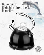 Harriet Tea Kettle Stovetop, 2.5 QT Whistling Stainless Steel Teapot, 3-Layer Base, Unique Ergonomic Handle, Includes Pot Holder & Mat, Electric/Induction/Gas Stovetops Applicable, Black