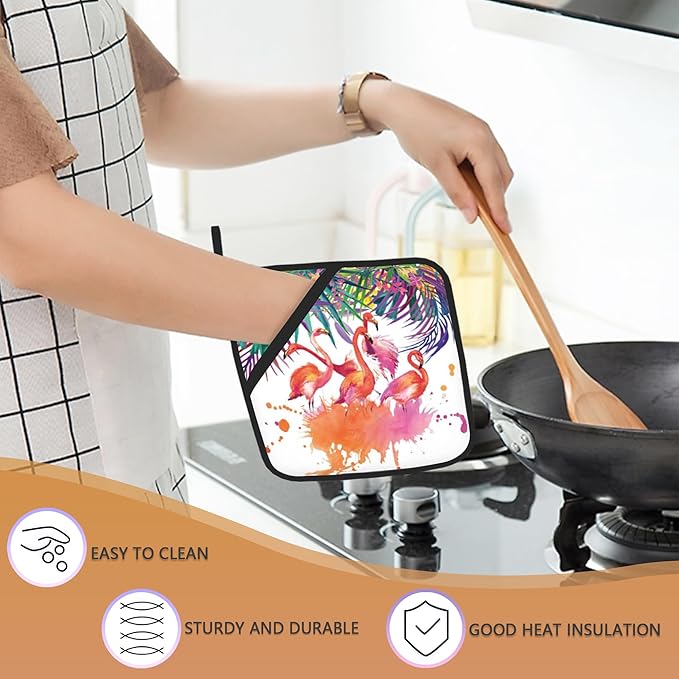 Tropical Palm Pot Holder Set of 2,Flamingo Watercolor Kitchen Heat Resistant Potholder for Women Men BBQ Cooking Baking