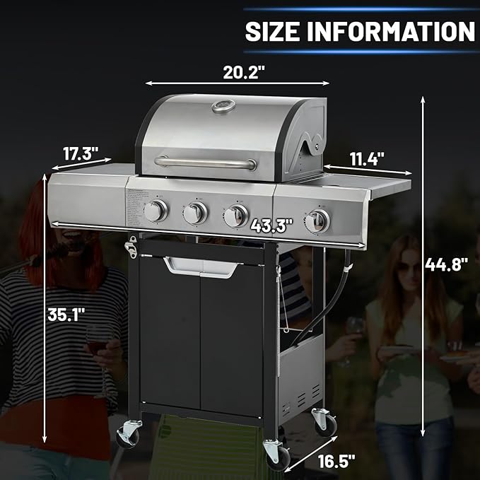 3-Burner Propane Gas BBQ Grill with Side Burner, 40,500 BTU Stainless Steel Gas Grill with Rain Cover for Outdoor, Camping, Barbecue Grilling Backyard Cooking (3+1 burners)