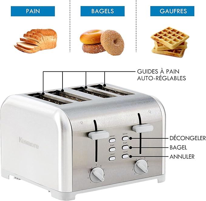 Kenmore Toaster 4 Slice - Extra Wide Slot Countertop Kitchen Appliance, Defrost Function, Grille-Pain, 9 Shade Settings, Compact Design, Easy Clean Crumb Tray, Bread Bagel, Stainless Steel & White