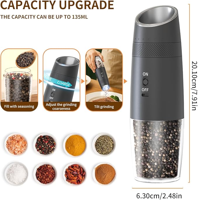 CIRCLE JOY Gravity Electric Salt and Pepper Grinder Set Rechargeable Automatic Pepper and Salt Shakers with LED Light, External Adjustable Coarseness, One-Hand Operation for Salt & Spices