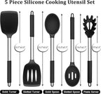 TeamFar Cooking Utensils Set, 5 PCS Silicone Kitchen Utensils with Stainless Steel Handle, for Nonstick Cookware Flipping Frying Turning Draining, Heatproof & Healthy, Nonstick & Easy Clean, Black