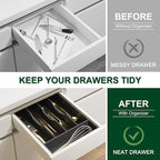Bellsal Black Utensil Organizer 10 Inch Silverware Tray for Utensil Holder Cutlery Organizer Kitchen Drawer Organizer 5 Compartment Small Narrow Bamboo