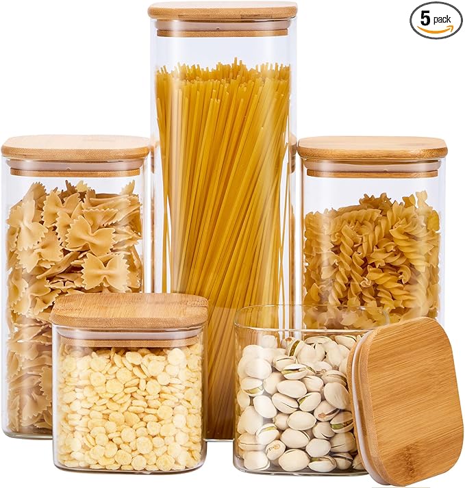 Square Glass Food Storage Jars with Lids[Set of 5], Perfect for Pasta, Cookies, Nuts, Coffee, Cereal, Flour,Organize Your Kitchen and Pantry with these BPA-Free Glass Jars with Canisters