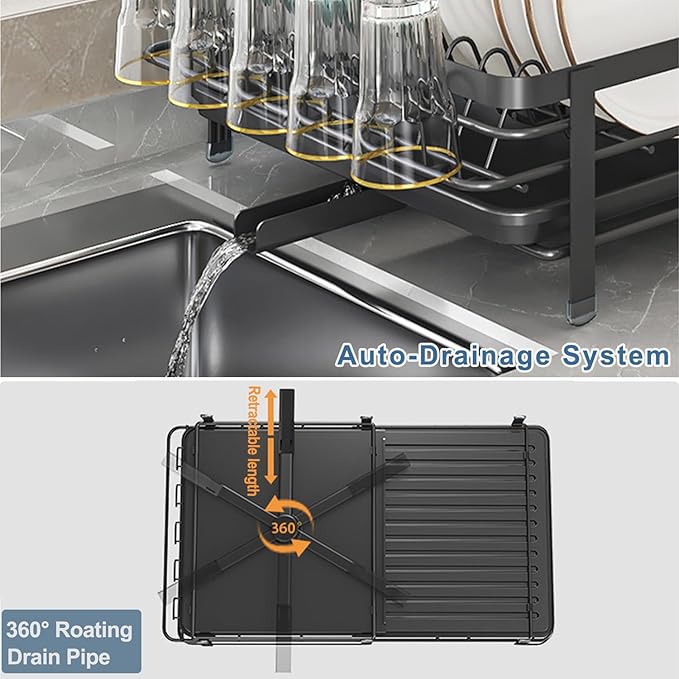 Large Dish Drying Rack with Drainboard,Expandable Dish Rack for Kitchen Counter, Utensil Holder & Cup Hooks,Rustproof Stainless Steel Drying Dish Rack 23.6’’L x 12.6’’W,Black