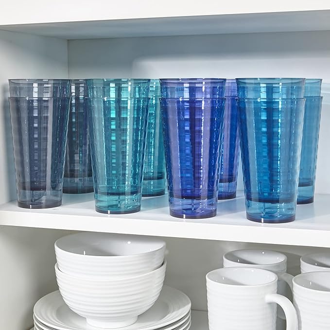 US Acrylic Splash [Set of 16] 18 ounce Plastic Stackable Water Tumblers in 4 Coastal Colors Value Set of Drinking Cups, Reusable, BPA-free, Made in the USA, Top-rack Dishwasher Safe