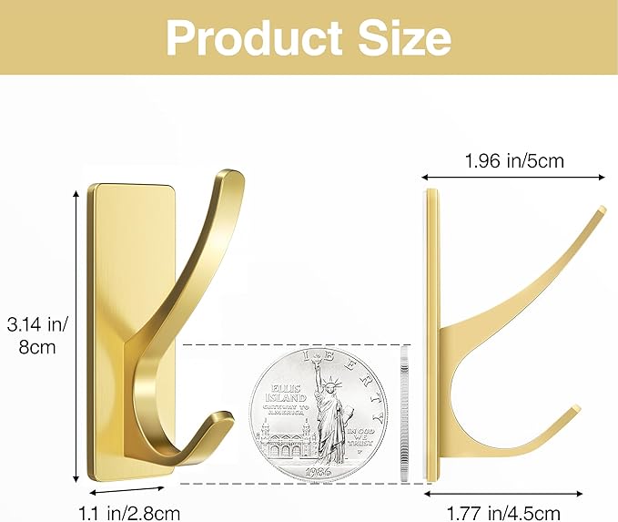 Self Adhesive Coat Hooks for Hanging, Heavy Duty Stainless Double Wall Hook for Towel, Backpack, Hat, Sturdy Metal Hanger for Bathroom, Bedroom, Door, Wall Mounted, 6-Pack, Brushed Gold