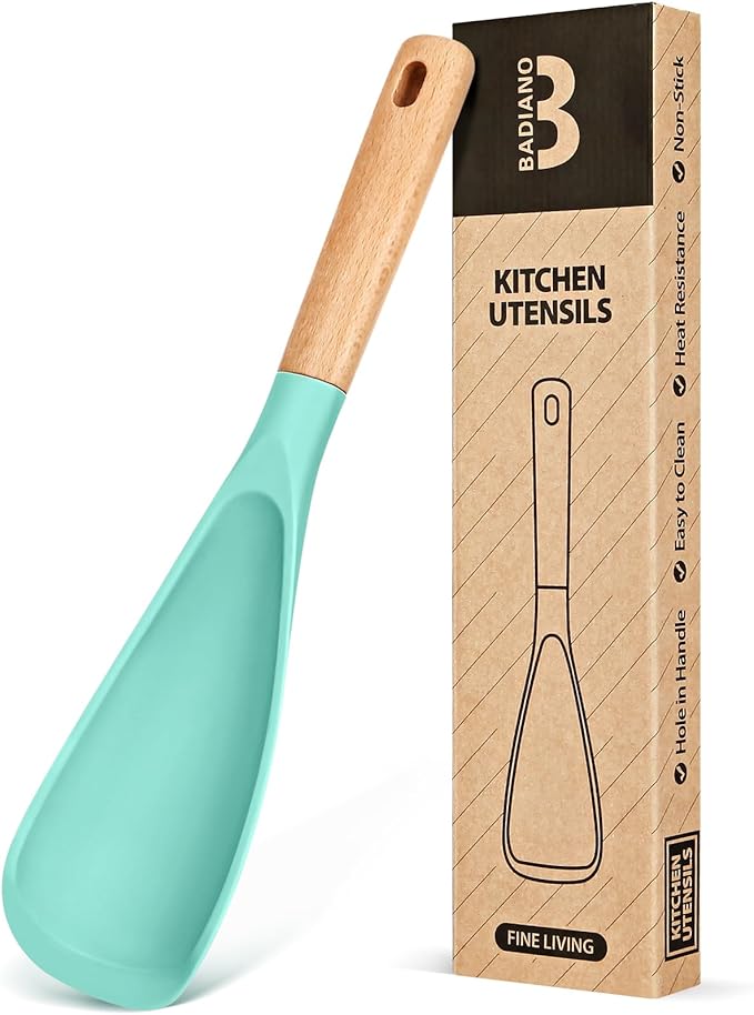 Cooking Spoon for Nonstick Cookwares, Great for Cooking and Serving Sturdy BPA-Free Matte Silicone, Wood Handle Spoon for Mixing, Scoop, and Scrape (GREEN)