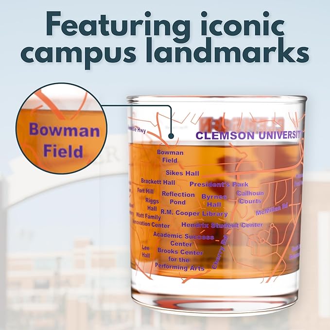 Greenline Goods – University of Clemson Tigers College Whiskey Glasses (Set of 2), 10 oz – Full-Color Logo + Campus Map