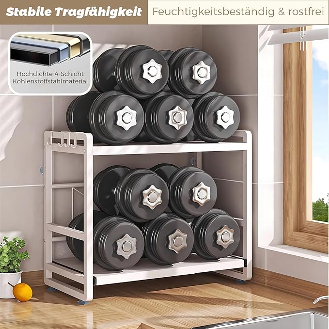 2-Tier Microwave Rack - Height Adjustable & Extendable Kitchen Shelf with Drawer - Carbon Steel - Includes Hooks & Reinforcement Suction Cups - Easy Assembly (White)