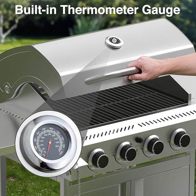 4-Burner Propane Gas Grill with 304 Stainless Steel Cooking Grid, Hanging Hooks/Heat-Resistant Handle, 32000BTU Stainless Steel Outdoor BBQ Grill with Portable Wheels for Camping/Patio/Backyard